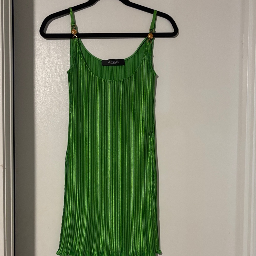 Versace Green Pleated Slip Dress with Medusa Buttons size 38
